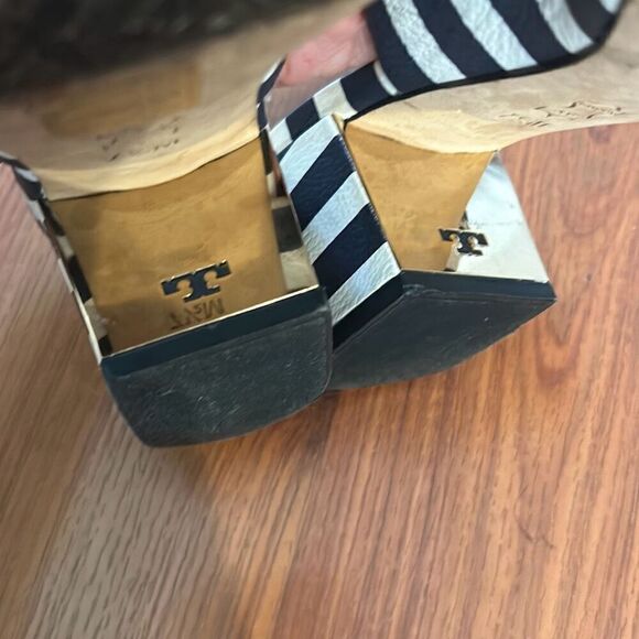 Tory Burch navy and whites striped mules peep toe size 7 1/2 - Picture 7 of 7